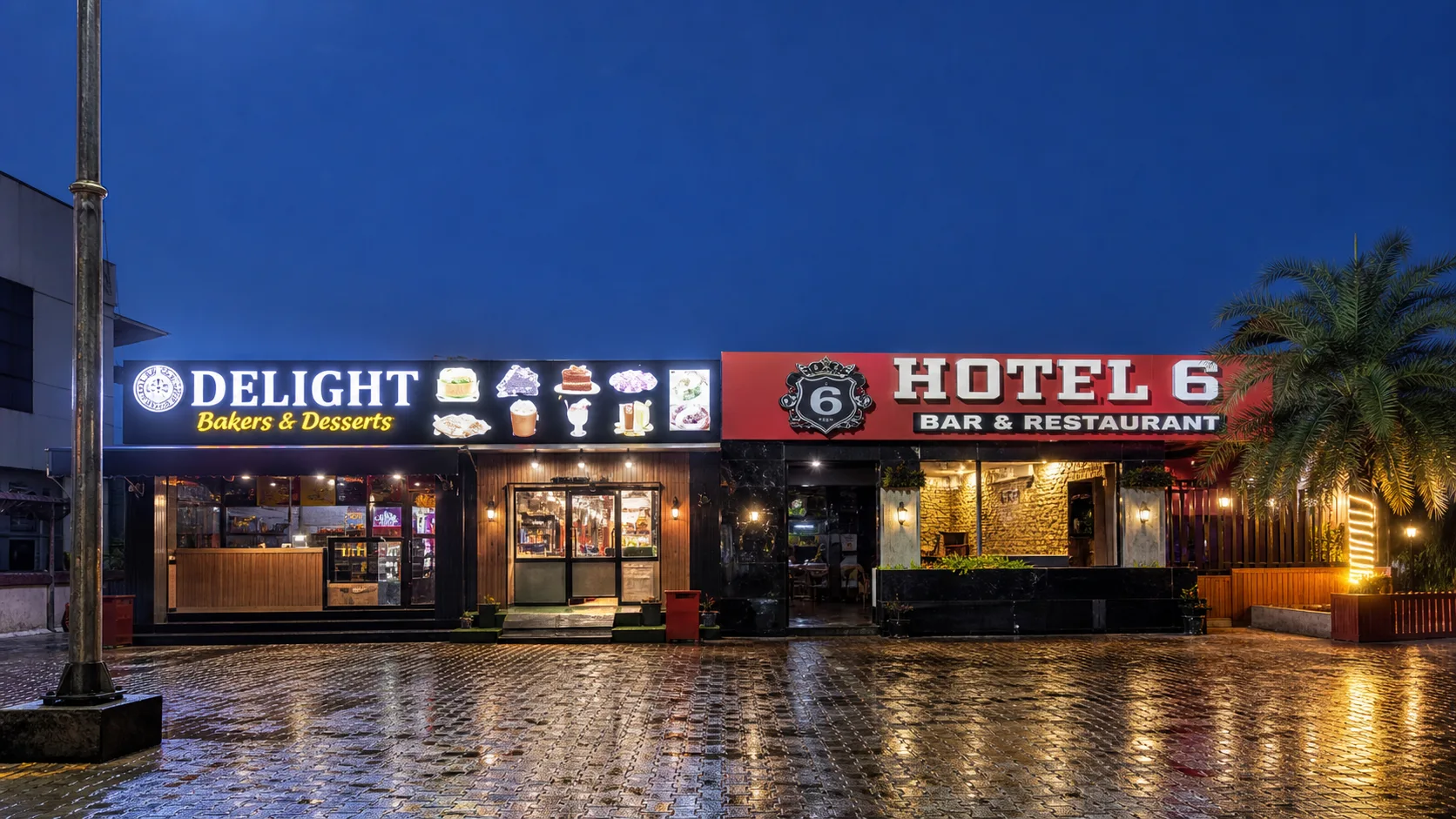 Hotel 7 commercial frontage at dusk