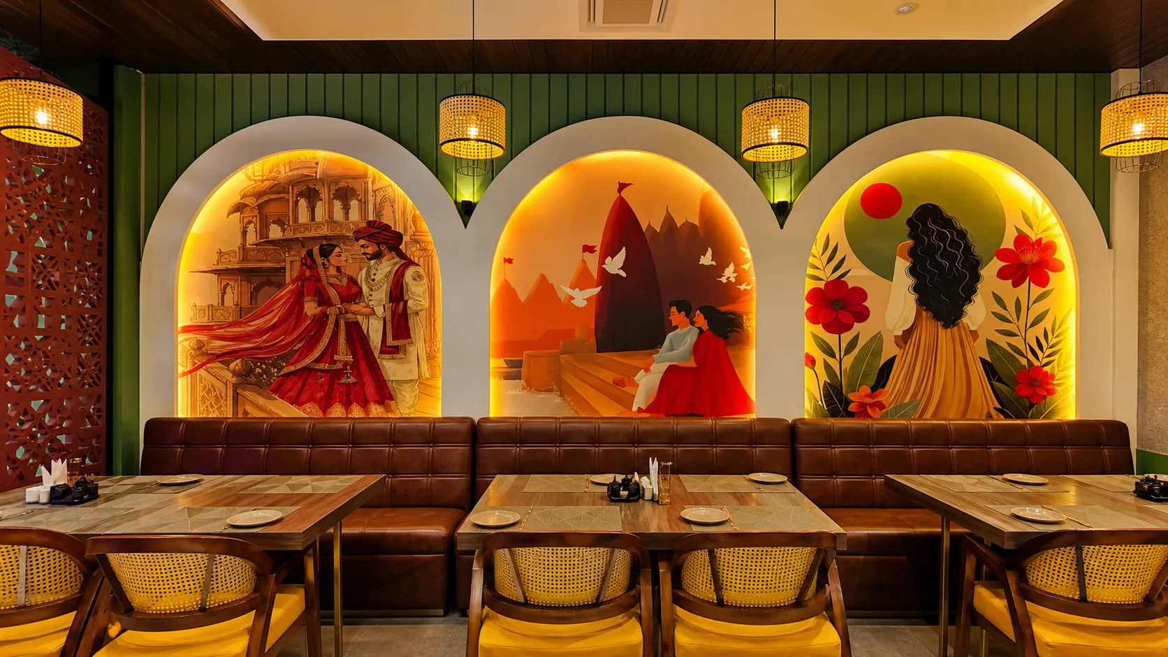 RK Punjabi Dhaba refined interior with illuminated mural arches